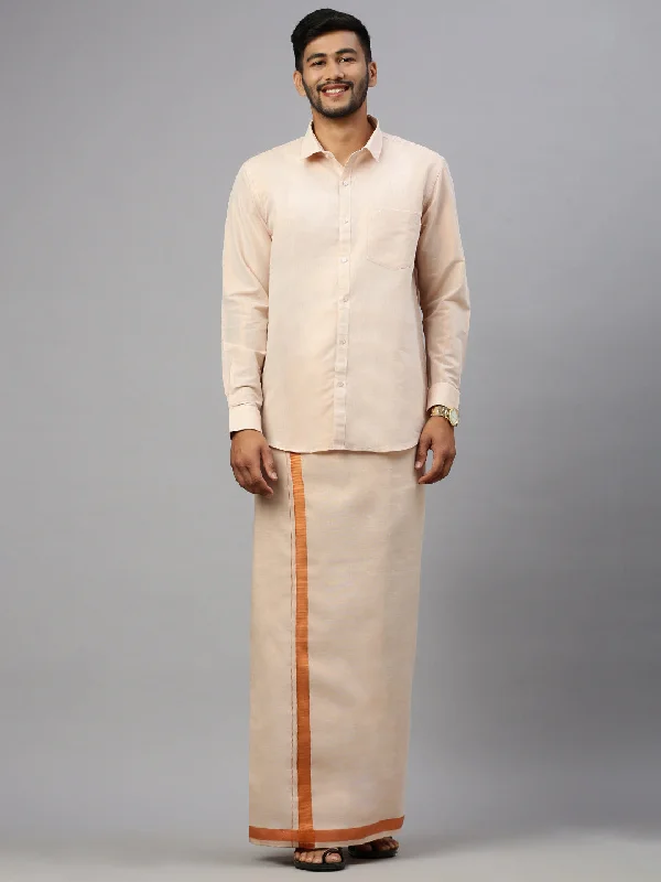 Mens Copper Tissue Full Sleeve Shirt with Matching Readymade Single Dhoti Combo