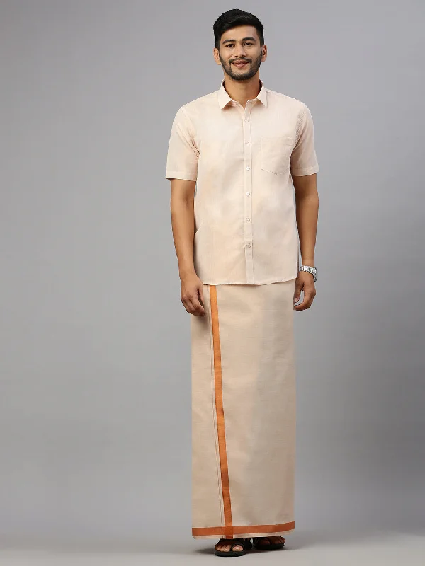 Mens Copper Tissue Half Sleeve Shirt with Matching Readymade Single Dhoti Combo