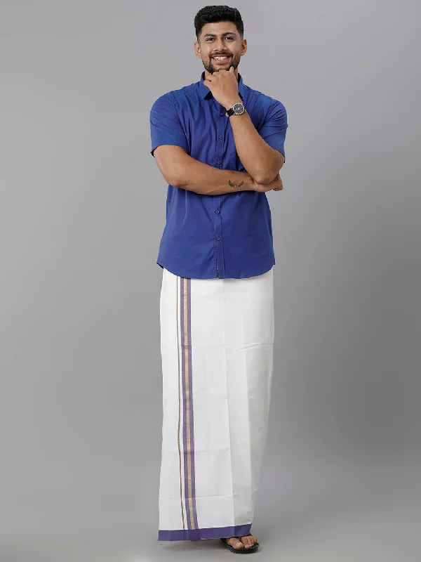 Mens Cotton Matching Border Dhoti & Half Sleeves Shirt Blue Set GL17