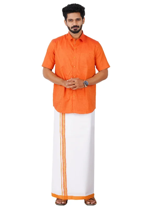 Mens Cotton Matching Border Dhoti & Half Sleeves Shirt Orange Set GL1