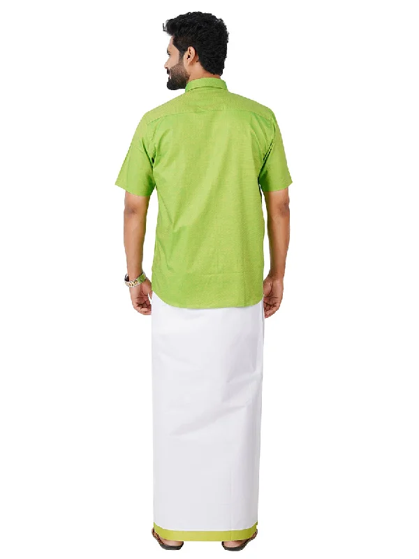 Mens Cotton Matching Border Dhoti & Half Sleeves Shirt Parrot Green Set GL2