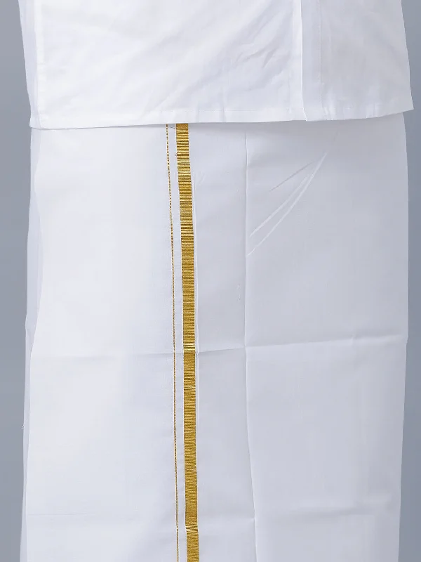 Mens 100% Cotton White Full Sleeves Shirt with 1/2''Jari Double Dhoti+Towel Combo