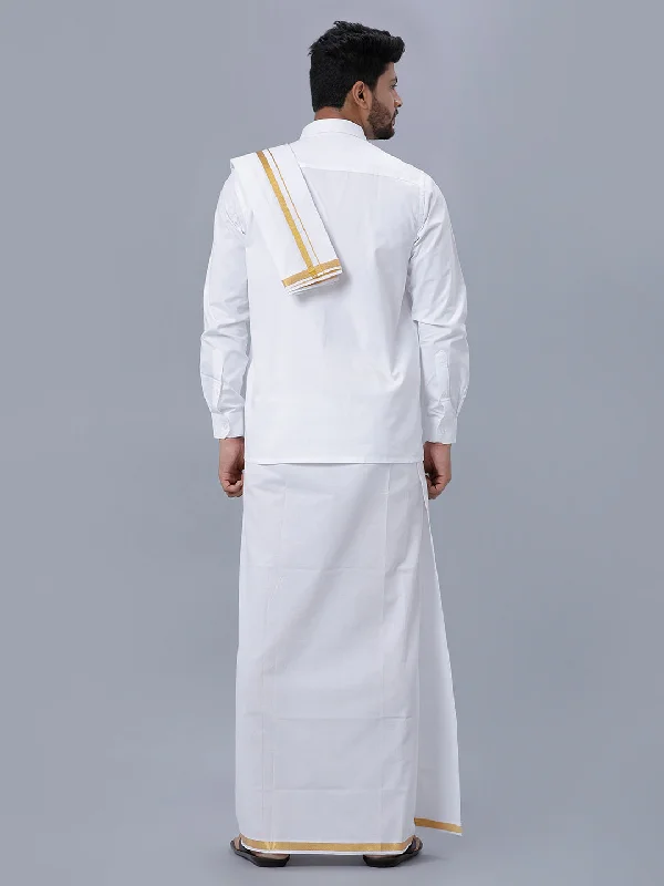 Mens 100% Cotton White Full Sleeves Shirt with 3/4''Jari Double Dhoti+Towel Combo