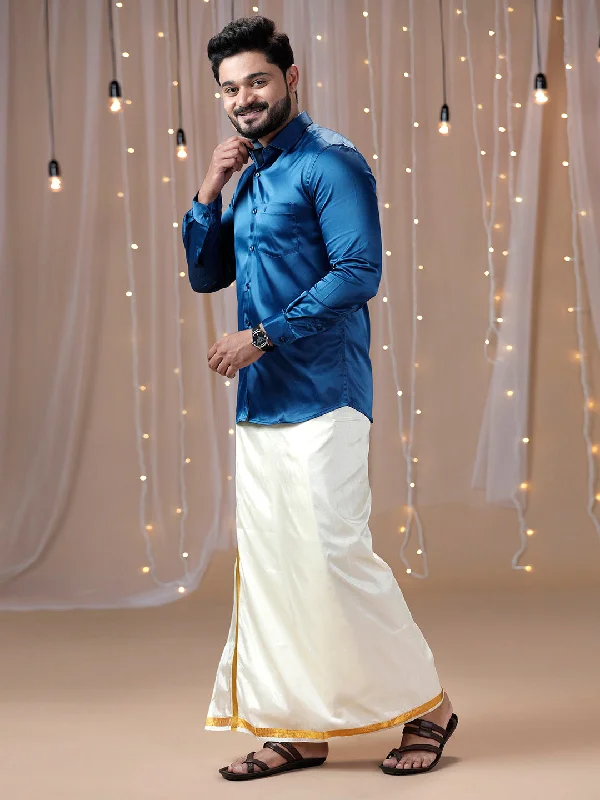 Mens Dark Blue Full Sleeves Shirt with Art Silk Double Dhoti Combo PS4