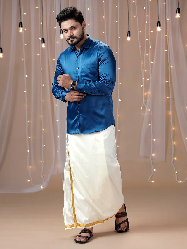 Mens Dark Blue Full Sleeves Shirt with Art Silk Double Dhoti Combo PS4