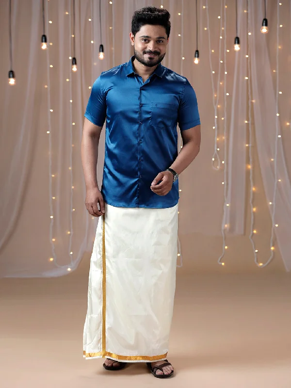 Mens Dark Blue Half Sleeves Shirt with Art Silk Double Dhoti Combo PS4