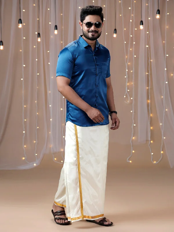 Mens Dark Blue Half Sleeves Shirt with Art Silk Double Dhoti Combo PS4