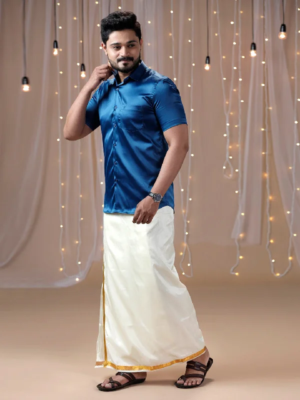 Mens Dark Blue Half Sleeves Shirt with Art Silk Double Dhoti Combo PS4