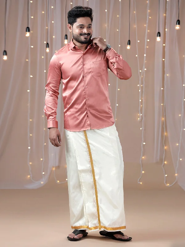 Mens Dark Peach Full Sleeves Shirt with Art Silk Double Dhoti Combo PS3