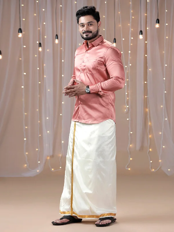 Mens Dark Peach Full Sleeves Shirt with Art Silk Double Dhoti Combo PS3