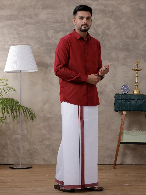 Mens Dark Red Matching Border Dhoti & Full Sleeves Shirt Set Evolution IC9