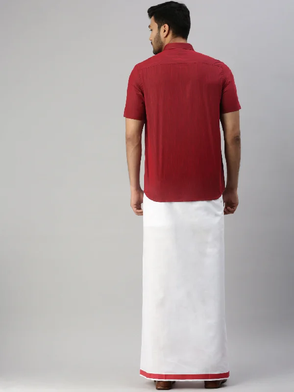 Mens Dark Red Matching Border Dhoti & Half Sleeves Shirt Set Evolution IC9