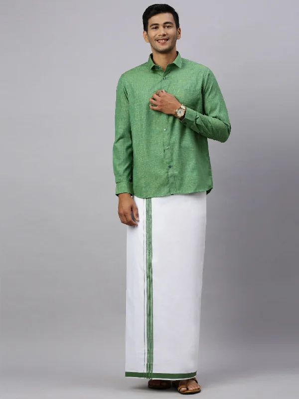 Mens Evolution Green Matching Border Dhoti & Full Sleeves Shirt Set