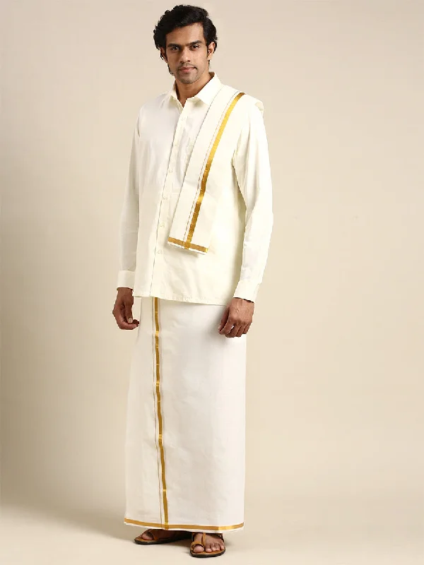 Mens Full Sleeves Cream Shirt with Gold Jari 1/2