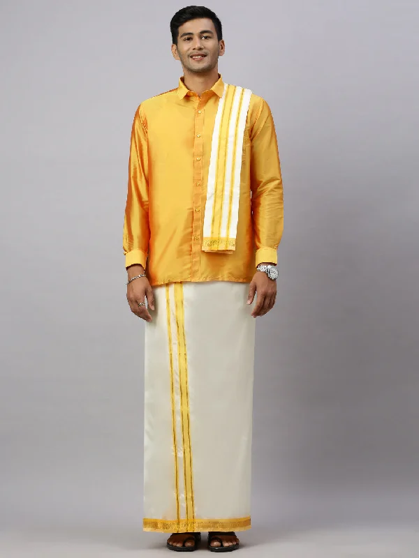 Mens Full Sleeves Golden Yellow Shirt with Matching Border Cream Dhoti & Towel Set