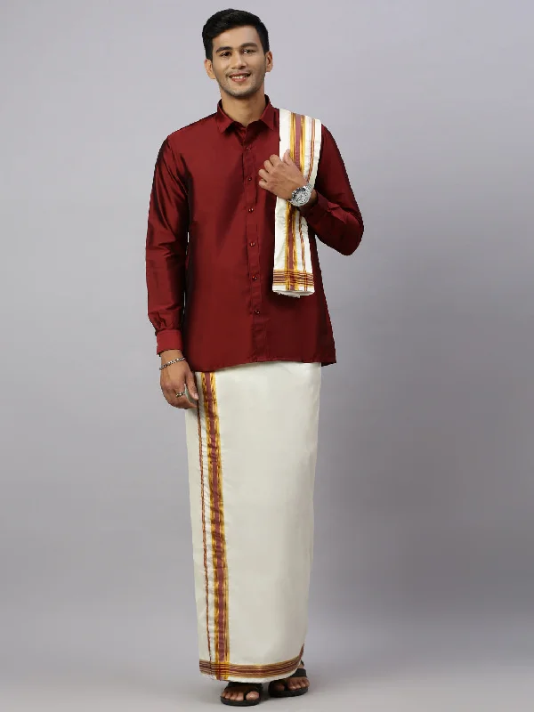 Mens Full Sleeves Maroon Shirt with Matching Border Cream Dhoti & Towel Set