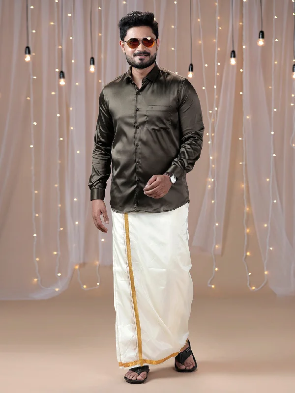 Mens Grayish Brown Full Sleeves Shirt with Art Silk Double Dhoti Combo PS10