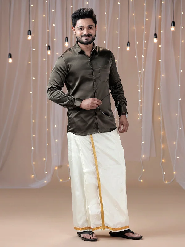 Mens Grayish Brown Full Sleeves Shirt with Art Silk Double Dhoti Combo PS10