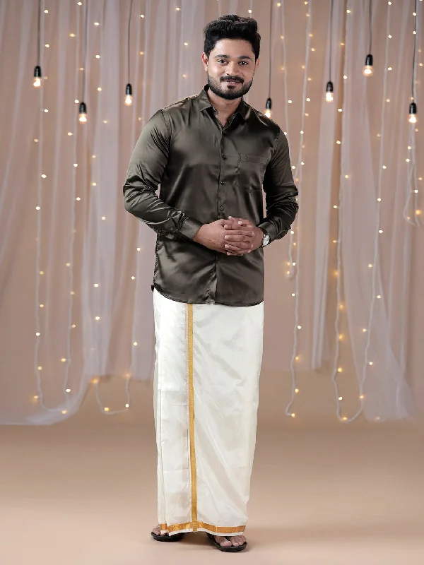 Mens Grayish Brown Full Sleeves Shirt with Art Silk Double Dhoti Combo PS10