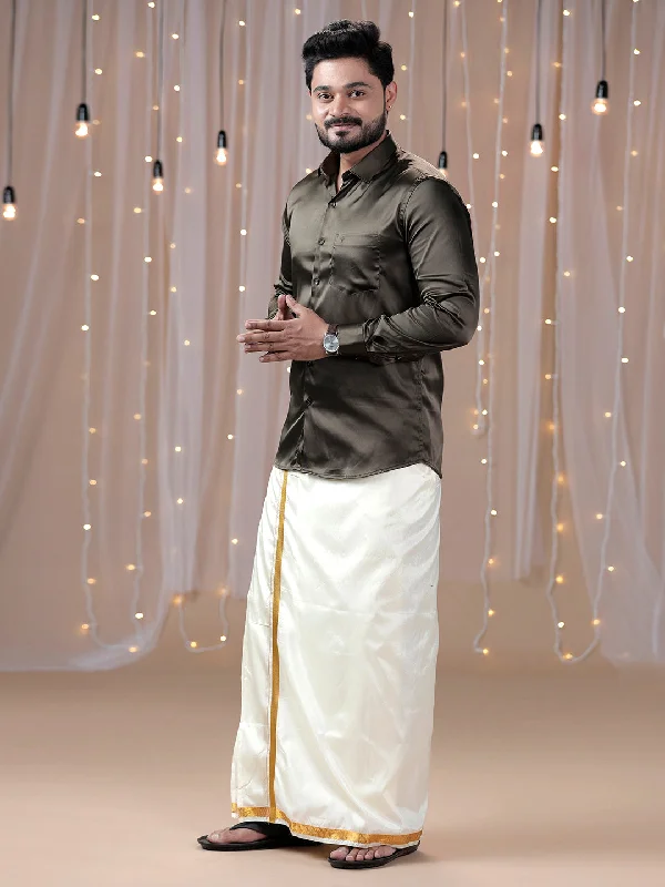 Mens Grayish Brown Full Sleeves Shirt with Art Silk Double Dhoti Combo PS10