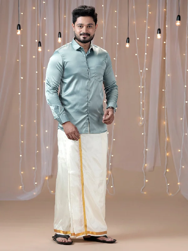 Mens Grayish Green Full Sleeves Shirt with Art Silk Double Dhoti Combo PS8