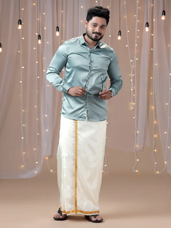 Mens Grayish Green Full Sleeves Shirt with Art Silk Double Dhoti Combo PS8