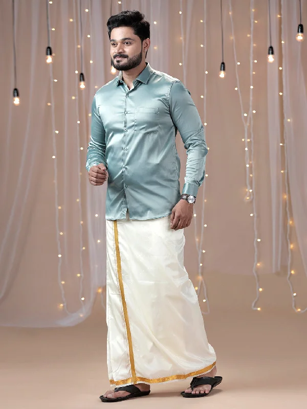 Mens Grayish Green Full Sleeves Shirt with Art Silk Double Dhoti Combo PS8