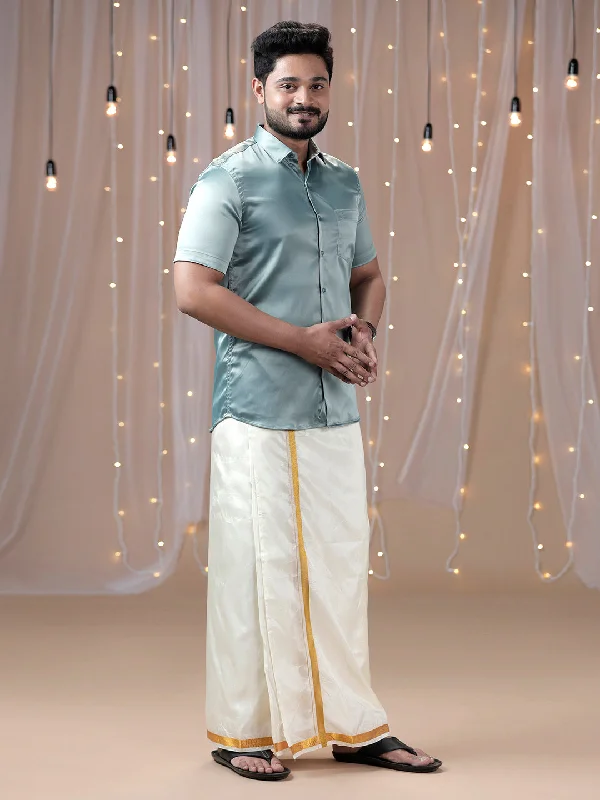 Mens Grayish Green Half Sleeves Shirt with Art Silk Double Dhoti Combo PS8