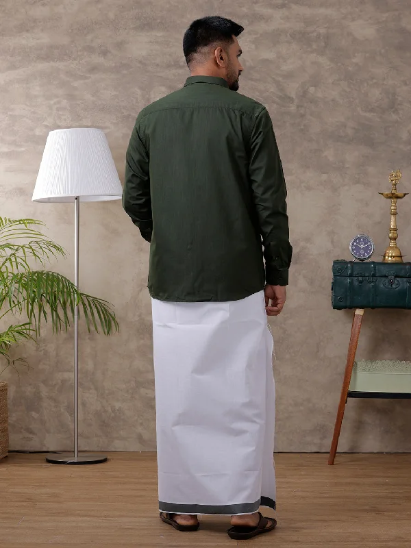 Mens Green Matching Border Dhoti & Full Sleeves Shirt Set Evolution IC8