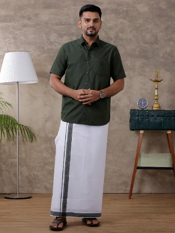 Mens Green Matching Border Dhoti & Half Sleeves Shirt Set Evolution IC8