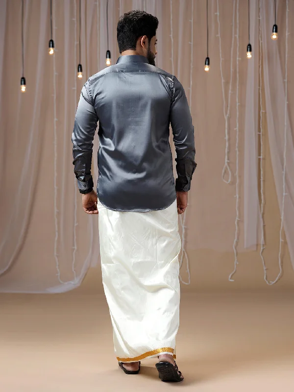 Mens Grey Full Sleeves Shirt with Art Silk Double Dhoti Combo PS2