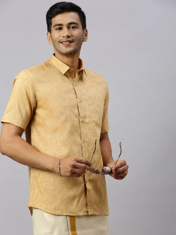 Mens Macho Mustard Colour Shirt & Matching Border Tissue Dhoti Set CCB