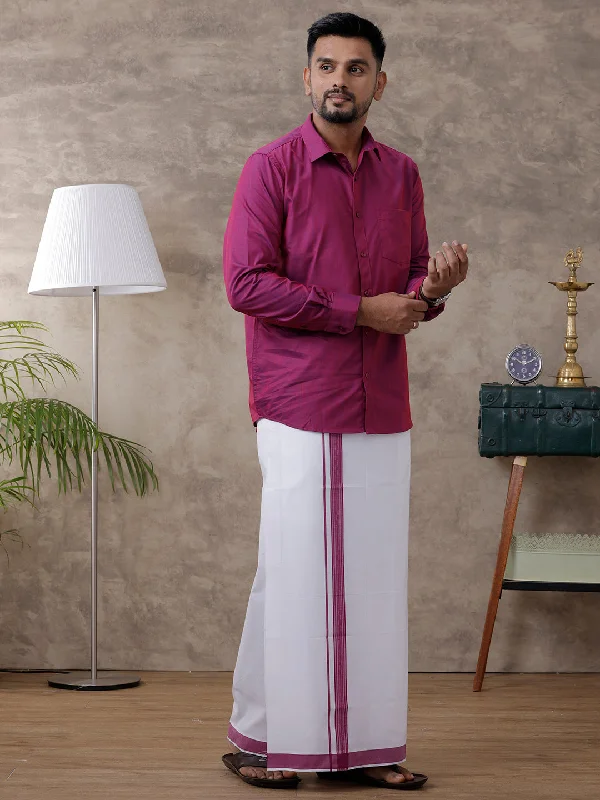 Mens Magenta Matching Border Dhoti & Full Sleeves Shirt Set Evolution IC3