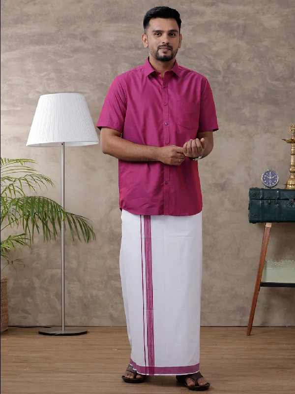 Mens Magenta Matching Border Dhoti & Half Sleeves Shirt Set Evolution IC3