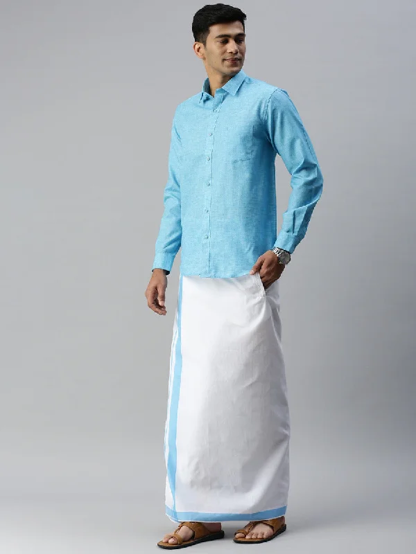 Mens Matching Border Adjustable Dhoti & Full Sleeves Shirt Set Blue CC5