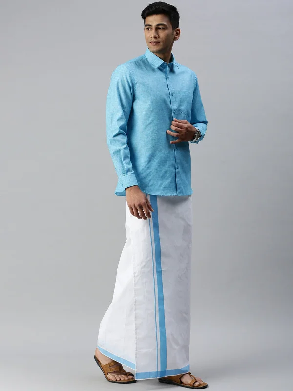 Mens Matching Border Adjustable Dhoti & Full Sleeves Shirt Set Blue CC5