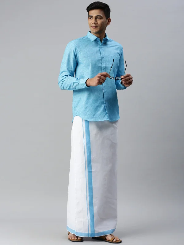 Mens Matching Border Adjustable Dhoti & Full Sleeves Shirt Set Blue CC5