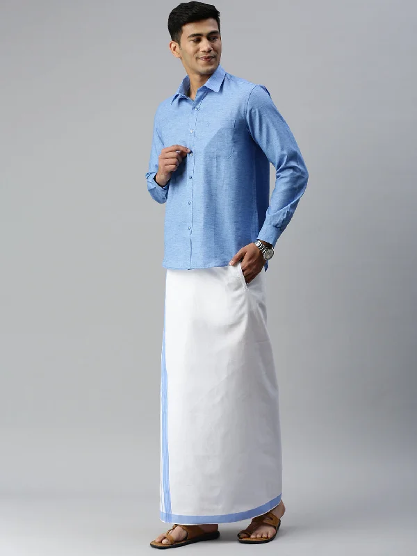 Mens Matching Border Adjustable Dhoti & Full Sleeves Shirt Set Blue CC9