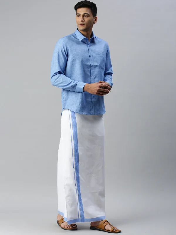 Mens Matching Border Adjustable Dhoti & Full Sleeves Shirt Set Blue CC9