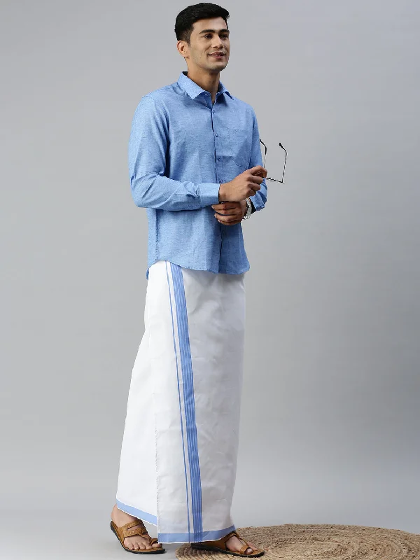 Mens Matching Border Adjustable Dhoti & Full Sleeves Shirt Set Blue CC9