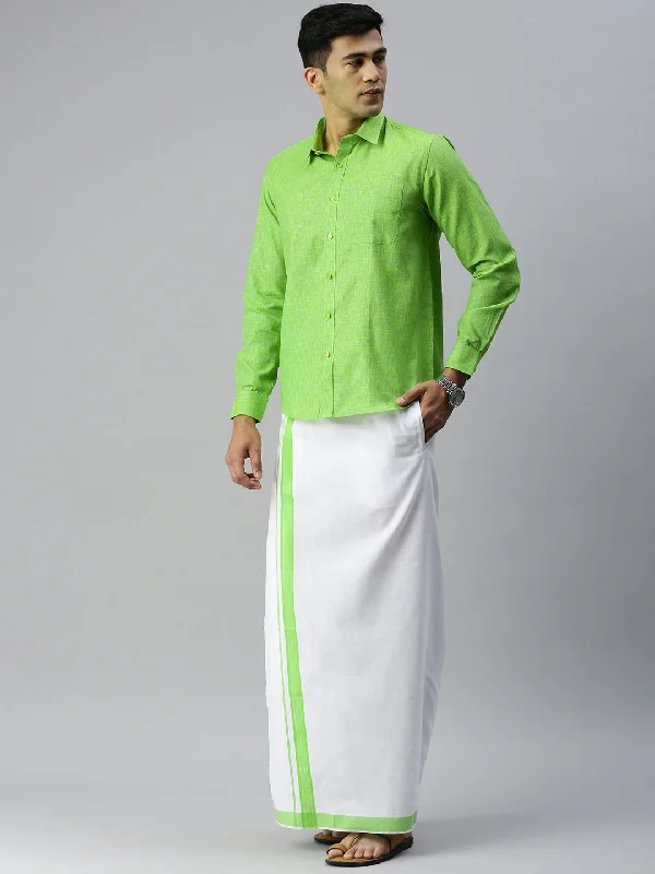 Mens Matching Border Adjustable Dhoti & Full Sleeves Shirt Set Green CC6