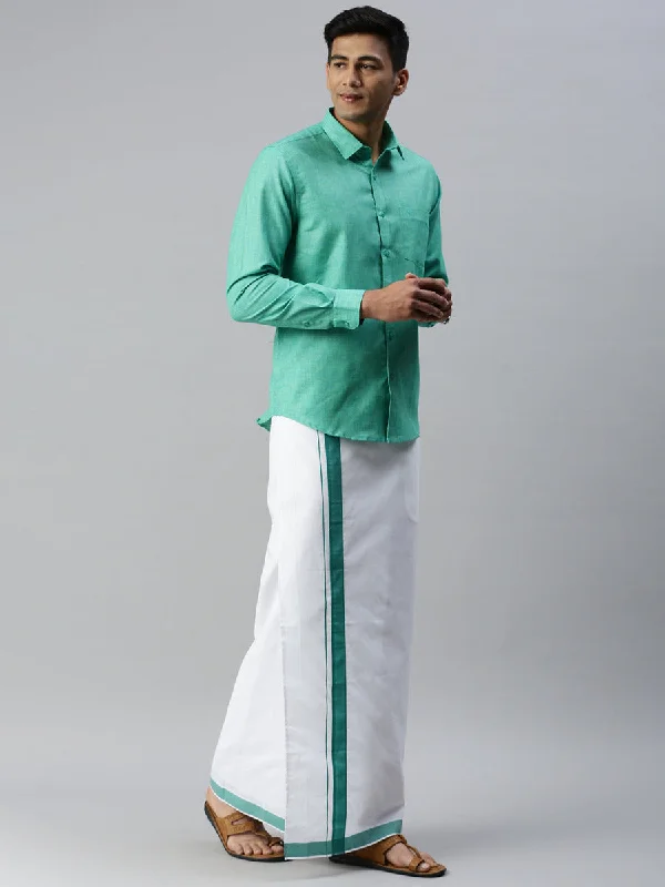 Mens Matching Border Adjustable Dhoti & Full Sleeves Shirt Set Green CC7