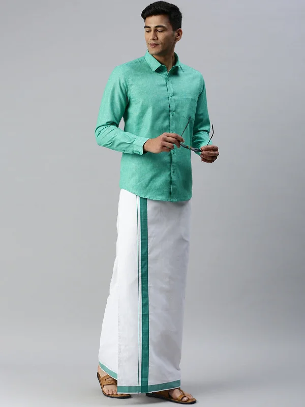 Mens Matching Border Adjustable Dhoti & Full Sleeves Shirt Set Green CC7