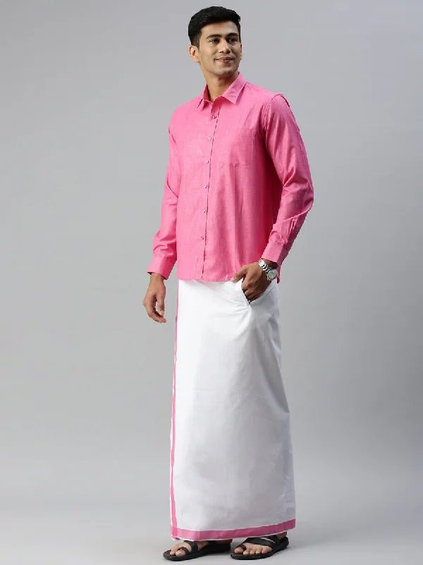 Mens Matching Border Adjustable Dhoti & Full Sleeves Shirt Set Pink CC10