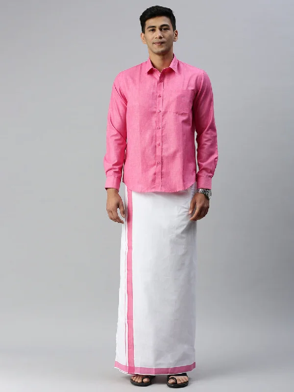 Mens Matching Border Adjustable Dhoti & Full Sleeves Shirt Set Pink CC10