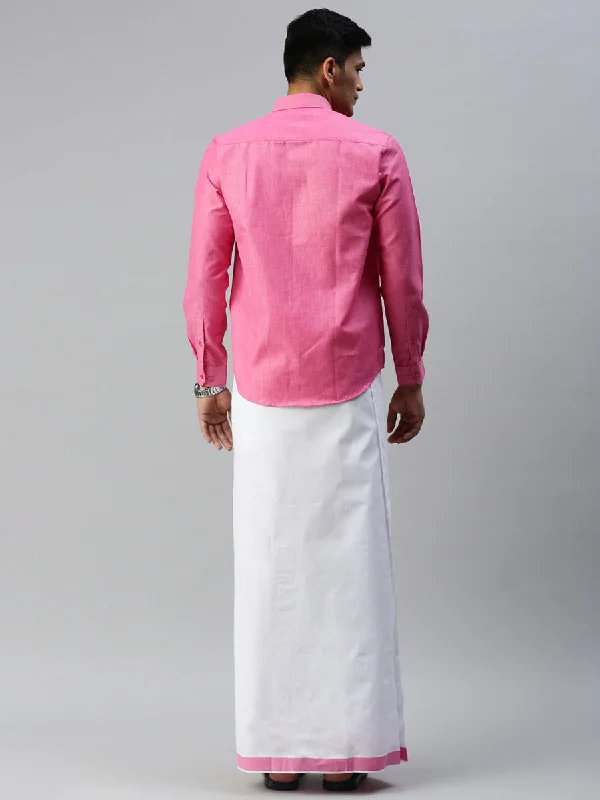 Mens Matching Border Adjustable Dhoti & Full Sleeves Shirt Set Pink CC10