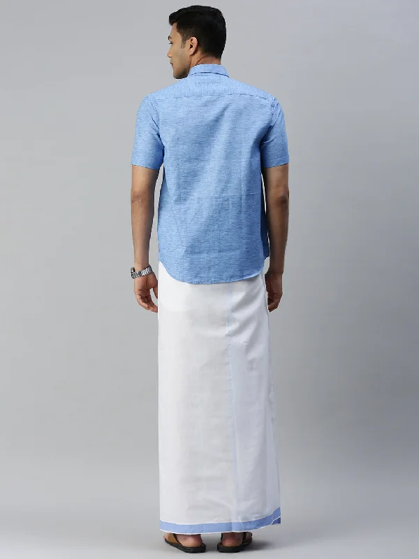 Mens Matching Border Adjustable Dhoti & Half Sleeves Shirt Set Blue CC9