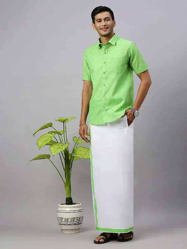 Mens Matching Border Adjustable Dhoti & Half Sleeves Shirt Set Green CC6