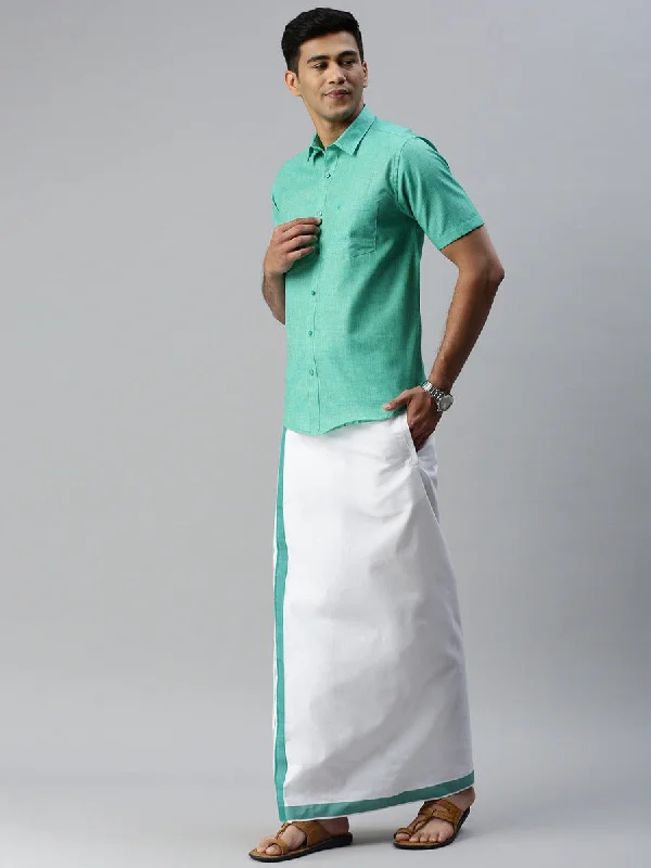 Mens Matching Border Adjustable Dhoti & Half Sleeves Shirt Set Green CC7