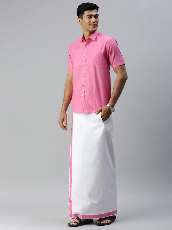 Mens Matching Border Adjustable Dhoti & Half Sleeves Shirt Set Pink CC10